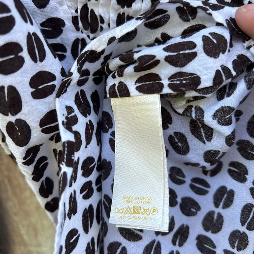 Kate Spade size 4 Coffee Bean print cotton madras Henley blouse novelty office